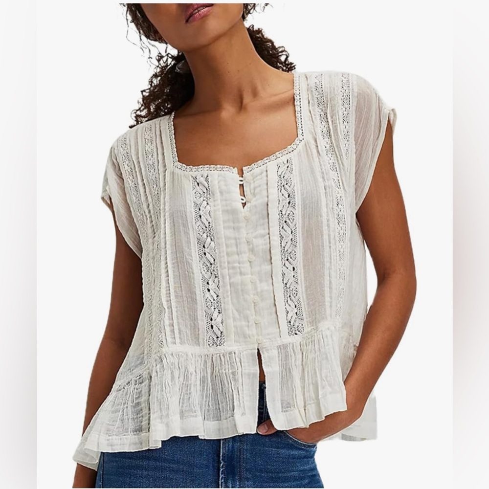 Women's Ruffle Boho Tops Flowy Sheer Short Sleeve Lace And Embroidered Blouse.